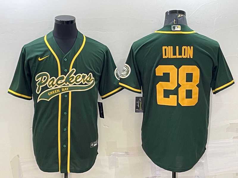 Men%27s Green Bay Packers #28 AJ Dillon Green Yellow With Patch Cool Base Stitched Baseball Jersey